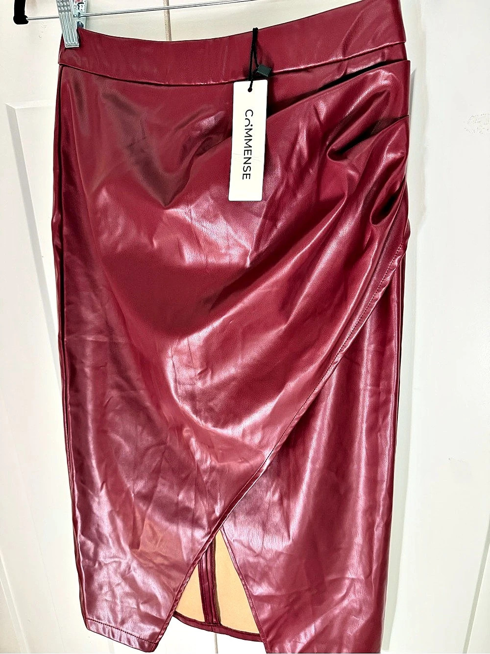 Commense Faux Leather Ruched Slit Midi Skirt Burgundy Small - Picture 3 of 7